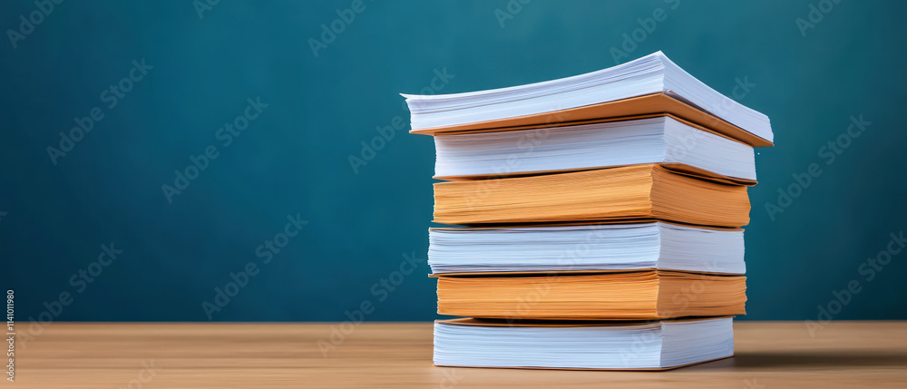 Neatly stacked documents on desk create organized workspace atmosphere Neatly stacked documents on desk create organized workspace atmosphere