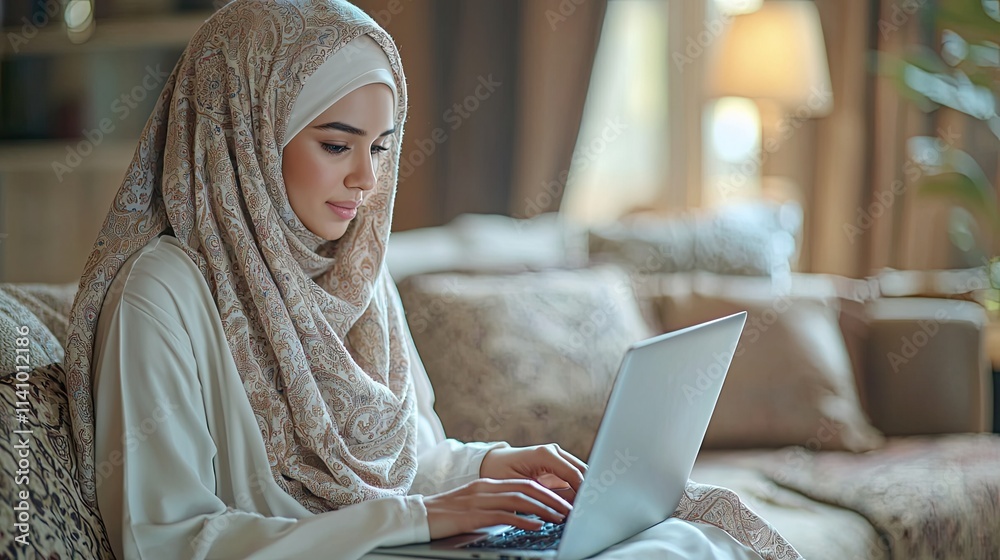 Muslim woman wearing hijab working remotely from home using laptop Muslim woman wearing hijab working remotely from home using laptop