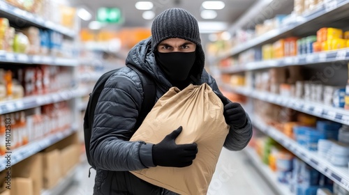 Masked thief in dark clothing holding a sack in a supermarket aisle, depicting a robbery or theft concept.