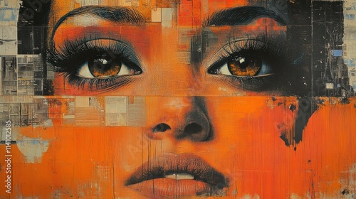 Abstract orange portrait, textured, collage, eyes.