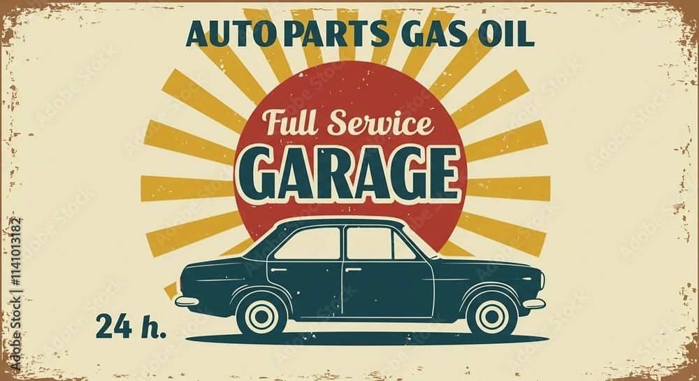Fototapeta premium Retro car service sign. Retro poster design template for full service garage. Gas station, motor oil, auto parts and gasoline.