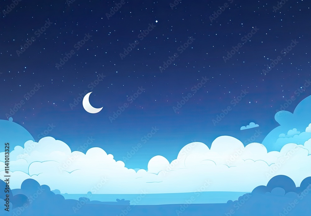 A flat vector background illustration of the night sky with clouds and a crescent moon A flat vector background illustration of the night sky with clouds and a crescent moon