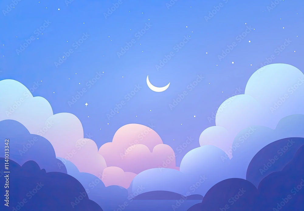 A flat vector background illustration of the night sky with clouds and a crescent moon A flat vector background illustration of the night sky with clouds and a crescent moon