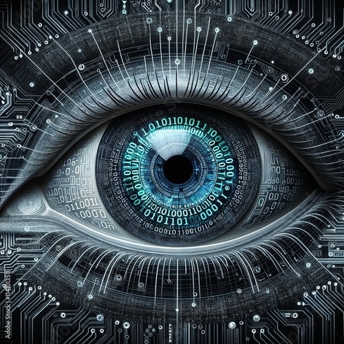 Futuristic concept of an eye merging with electronic circuitry and binary code, symbolizing the integration of technology with human biology