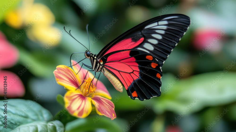 A butterfly feeding on a colorful flower, showcasing vivid patterns.
A butterfly feeding on a colorful flower, showcasing vivid patterns.