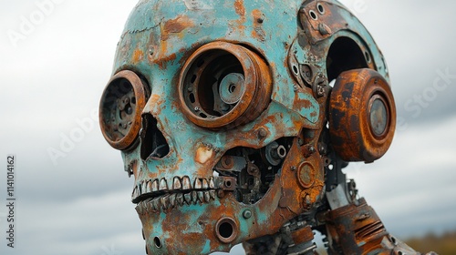 Rusty metal skull robot head, weathered. photo