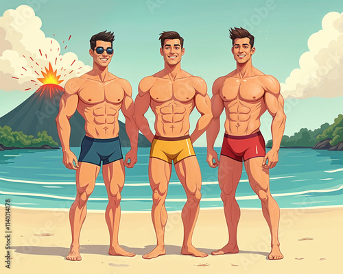 Cartoon Illustration of Three Athletic Muscular Men Standing on Beach in Swimsuits with Volcano in Background