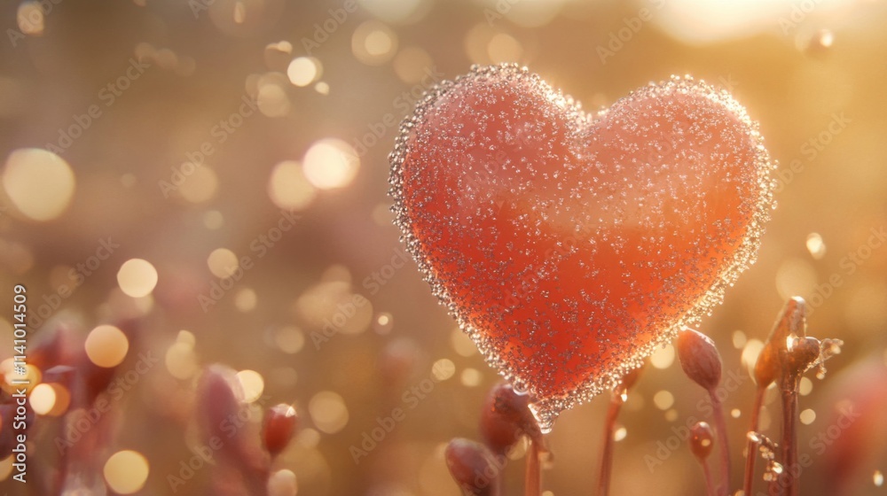 Fototapeta premium Dewdrop Covered Heart Amidst Golden Sunlight
