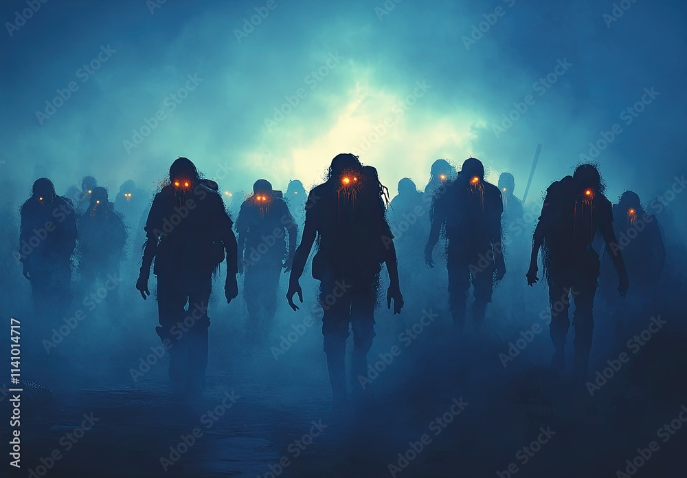 A group of zombies with glowing eyes, walking in the foggy night sky, digital art style A group of zombies with glowing eyes, walking in the foggy night sky, digital art style