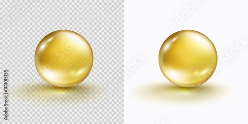 Oil gold bubble isolated on transparent background. Cosmetic vitamin capsule or pill of vitamin E, A or omega 3. Golden glass ball template. Vector 3d serum collagen essence