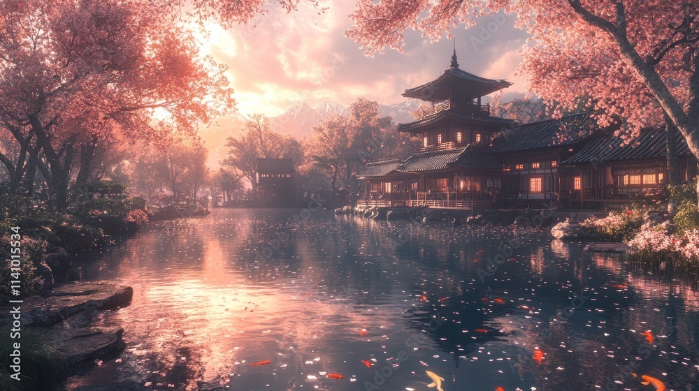 Obraz premium Serene Japanese temple, sunset, koi pond, cherry blossoms.
