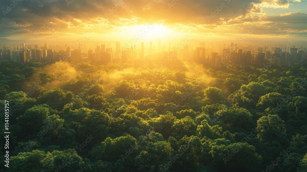 Golden sunset over city, lush forest below. Golden sunset over city, lush forest below.