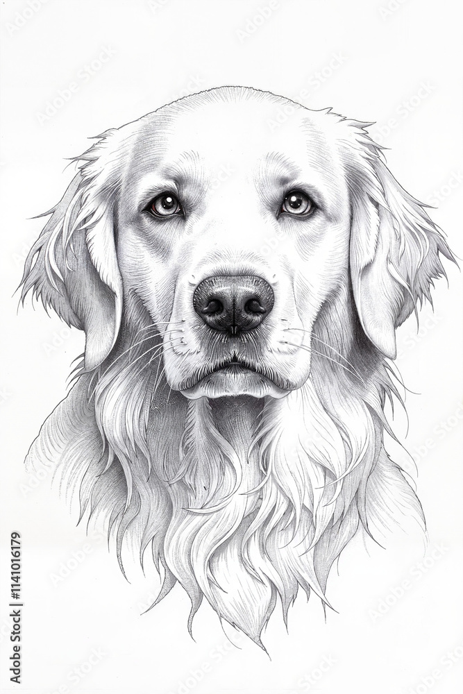 Professionally crafted pencil sketch portrait of an attentive Golden Retriever displaying gentle expression and meticulously rendered fur textures, created in traditional graphite technique