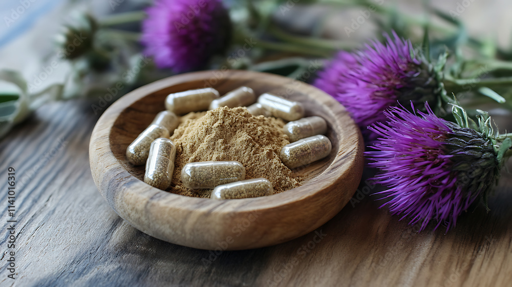 Milk thistle plant lying on a table next to an olive wood bowl containing ground thistle and capsules Milk thistle plant lying on a table next to an olive wood bowl containing ground thistle and capsules