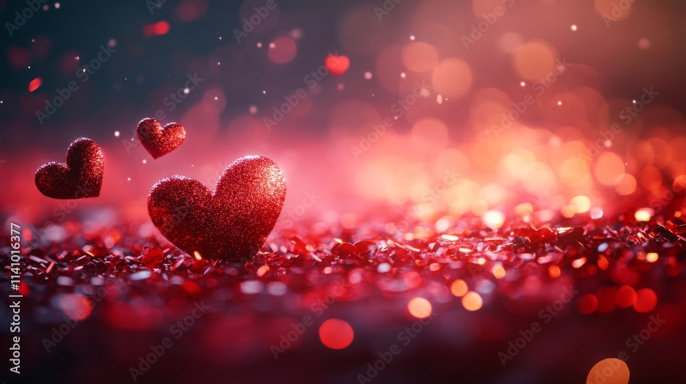 Sparkling Red Hearts on Glittering Red Background