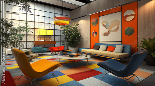 Mid century, scandinavian interior design of modern living room with colorful multicolored furniture