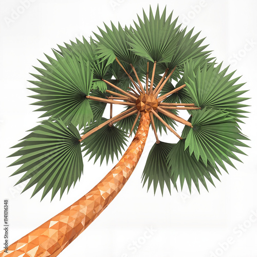 Modern geometric low poly palm tree with copper-toned trunk and vibrant green polygonal fronds rendered in contemporary minimalist style against clean white background for tropical design themes photo