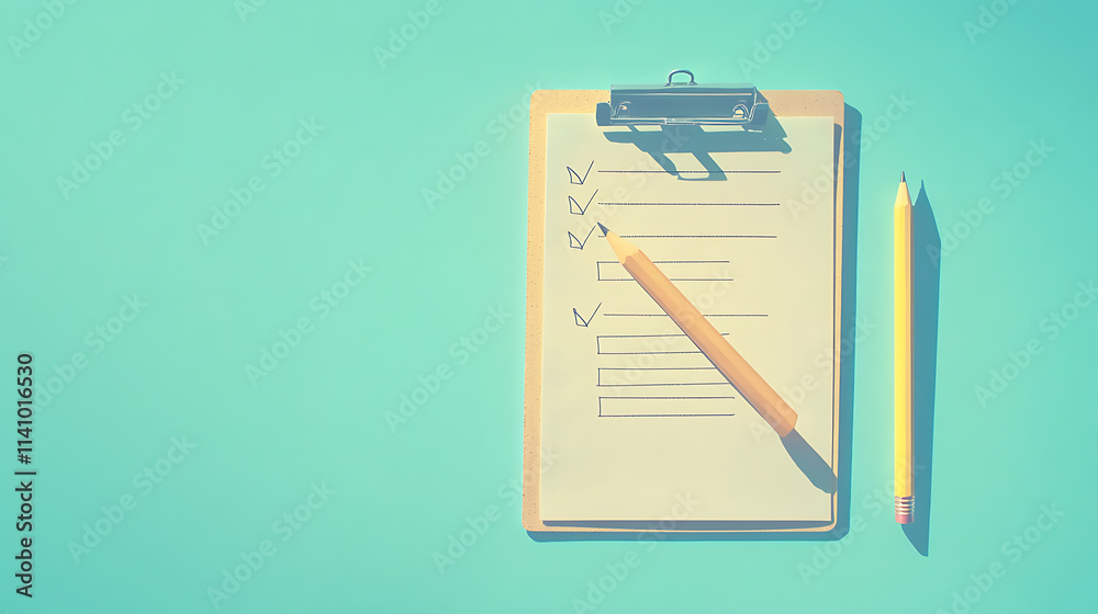 Minimalist composition featuring a clipboard with a completed checklist next to a pencil, set against a soft pastel blue backdrop Minimalist composition featuring a clipboard with a completed checklist next to a pencil, set against a soft pastel blue backdrop