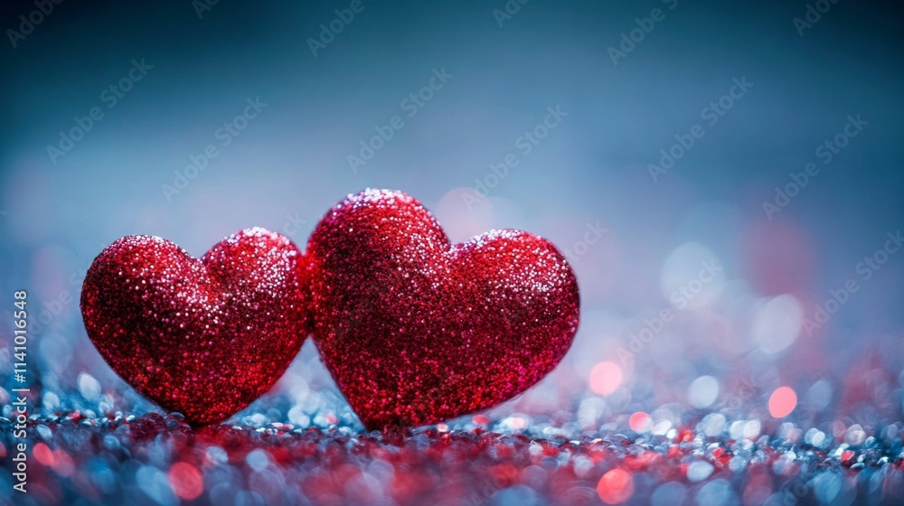 Fototapeta premium Two Red Glitter Hearts Resting On Sparkling Surface