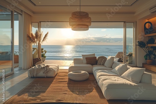 Modern coastal living room with ocean views and relaxed beachy vibes