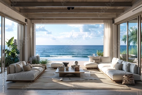Modern coastal living room with panoramic ocean views and relaxed furnishings