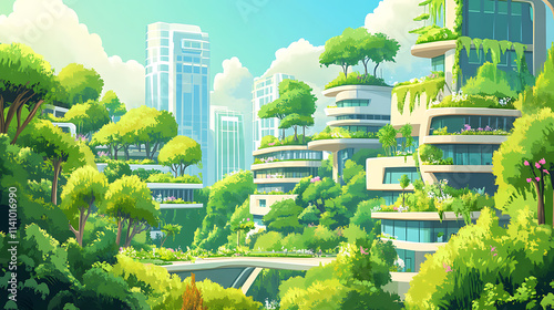 Illustration of a green sustainable urban area with eco-friendly buildings and lush greenery