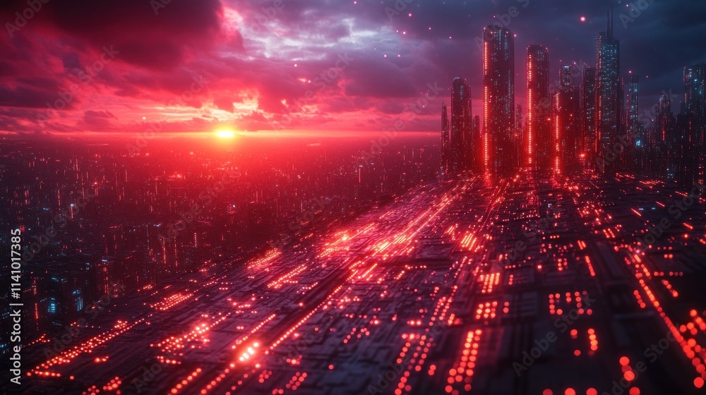 Fototapeta premium Futuristic city at red sunset, glowing circuitry.