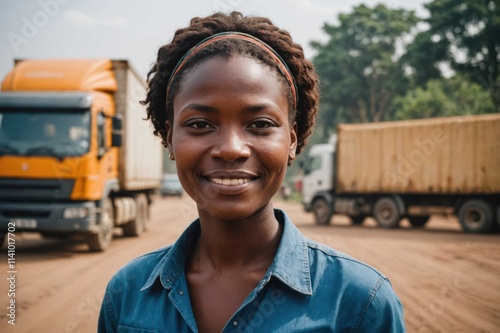 Close portrait of a smiling young Congolese female truckdriver looking at the camera, against Congolese blurred background.