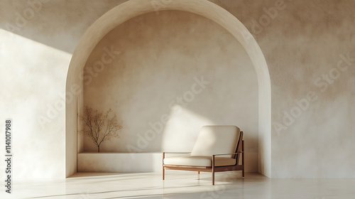 Fototapeta Naklejka Na Ścianę i Meble -  Interior background with stucco wall with arch and lounge chair, minimalist, japandi interior design of modern living room