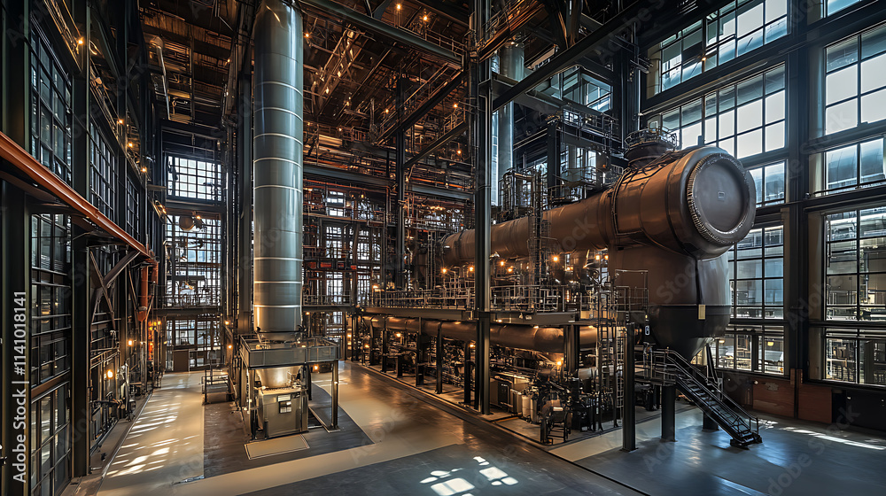 Interior of modern industrial plant with large metal pipes and complex machinery, the facility features an intricate network of ducts and supports