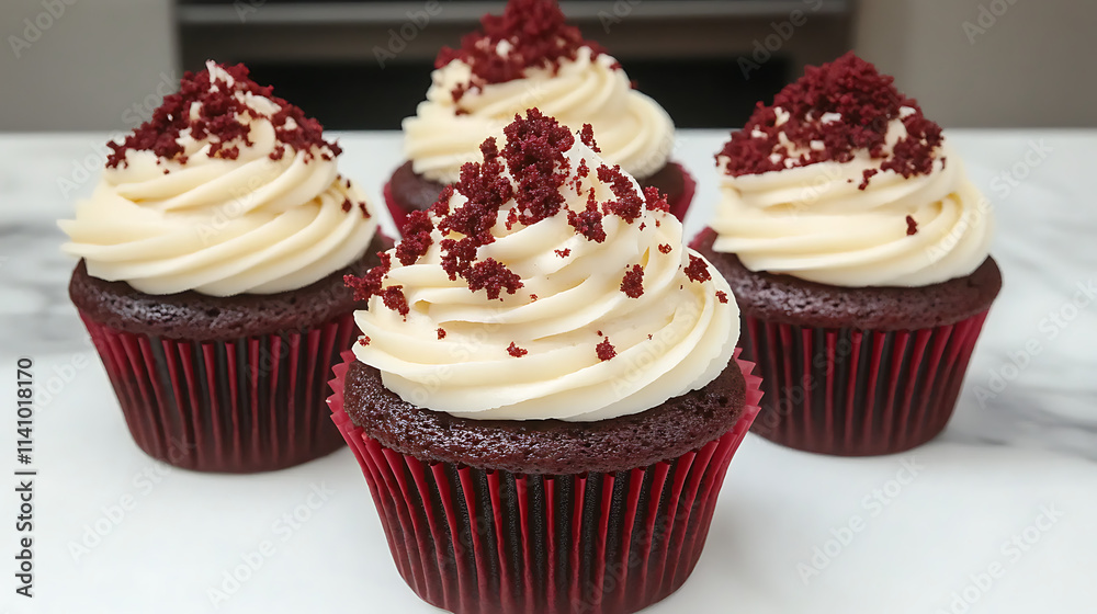 Irresistible red velvet cupcakes topped with cream cheese frosting and red velvet crumbs Irresistible red velvet cupcakes topped with cream cheese frosting and red velvet crumbs