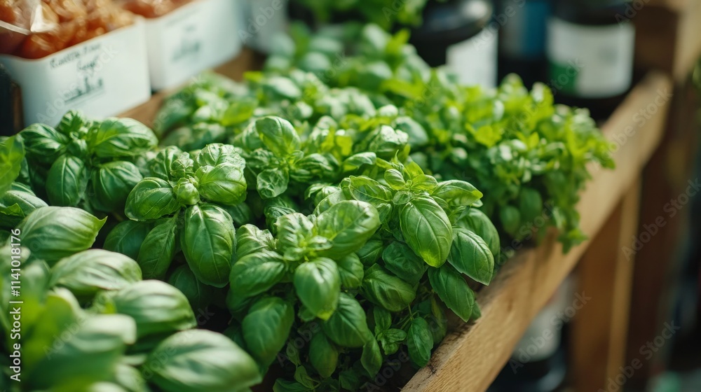 A collection of fresh herbs including basil, thyme, and rosemary, neatly bundled and placed on a wooden table at a farmer market. A collection of fresh herbs including basil, thyme, and rosemary, neatly bundled and placed on a wooden table at a farmer market.