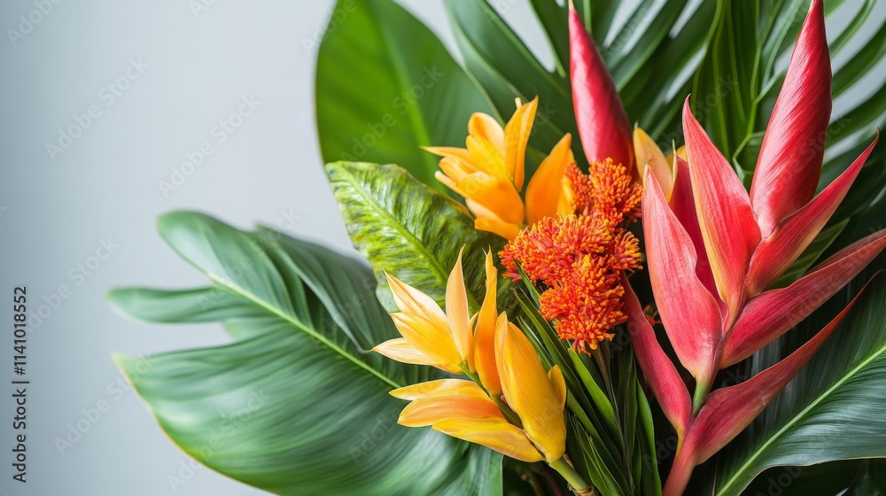 A close-up of a tropical flower arrangement featuring vibrant heliconia, ginger flowers, and lush green leaves, artfully placed in a modern vase. A close-up of a tropical flower arrangement featuring vibrant heliconia, ginger flowers, and lush green leaves, artfully placed in a modern vase.