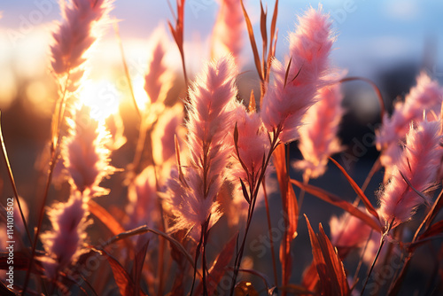 mesmerizing dance of tall blades of grass as they sway in harmony with ever-shifting hues of sky, creating a symphony of visual enchantment photo