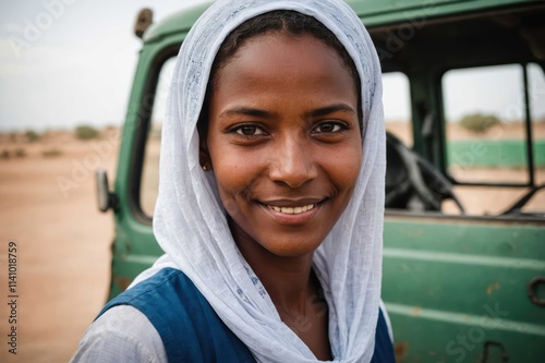 Close portrait of a smiling young Djiboutian female truckdriver looking at the camera, against Djiboutian blurred background. photo