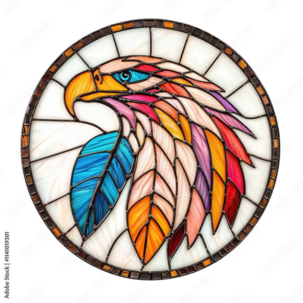 Stained glass artwork of an eagle’s head with vibrant, colorful feathers, isolated on transparent background.