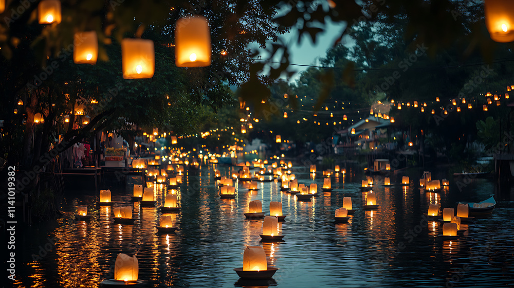 Floating lanterns on a river at night, creating a magical and spiritual atmosphere during loy krathong festival Floating lanterns on a river at night, creating a magical and spiritual atmosphere during loy krathong festival