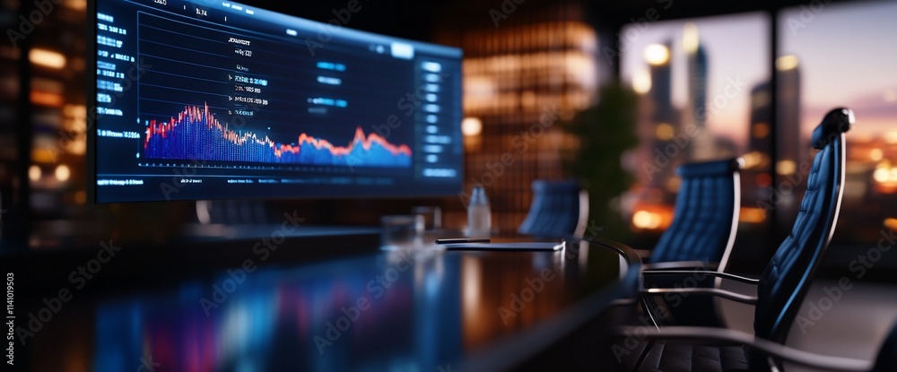 Stock market data displayed on a computer screen in a modern office with cityscape view. Stock market data displayed on a computer screen in a modern office with cityscape view.