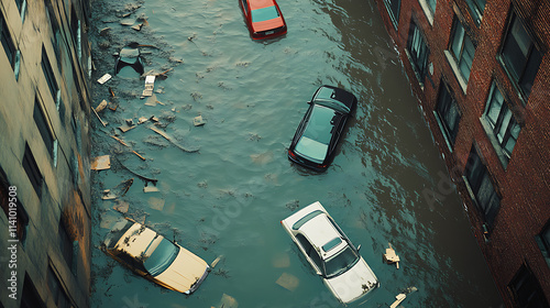 Flooded streets with submerged cars and buildings after heavy rainfall, demonstrating the heightened risk of extreme weather events like floods due to climate change, climate change