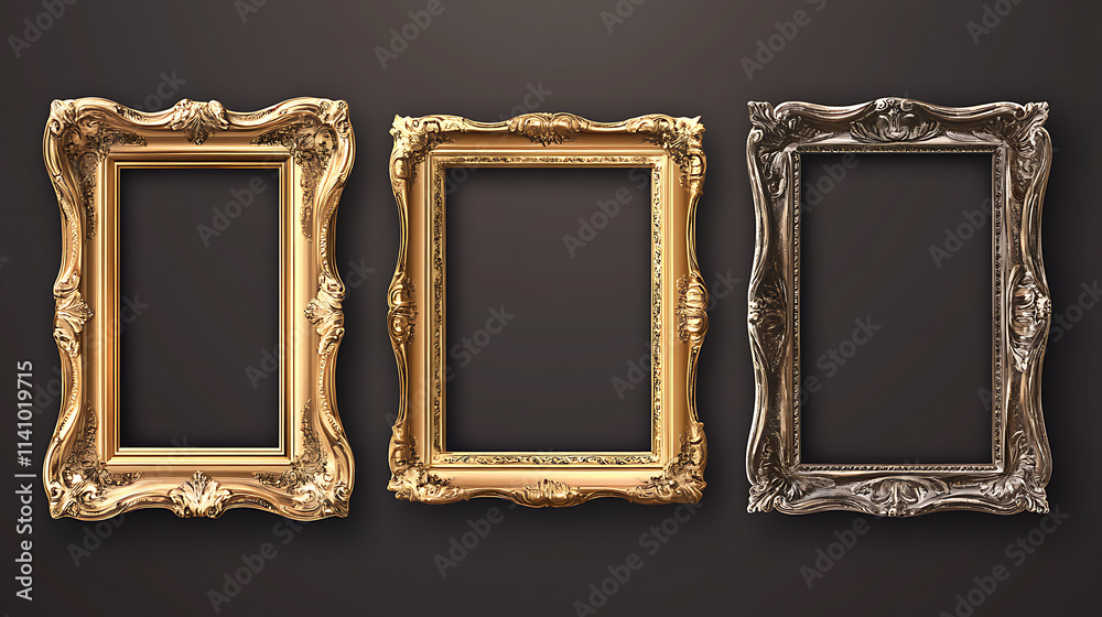 Frames with realistic details, museum borders without gold, ornate antique golden frames Frames with realistic details, museum borders without gold, ornate antique golden frames