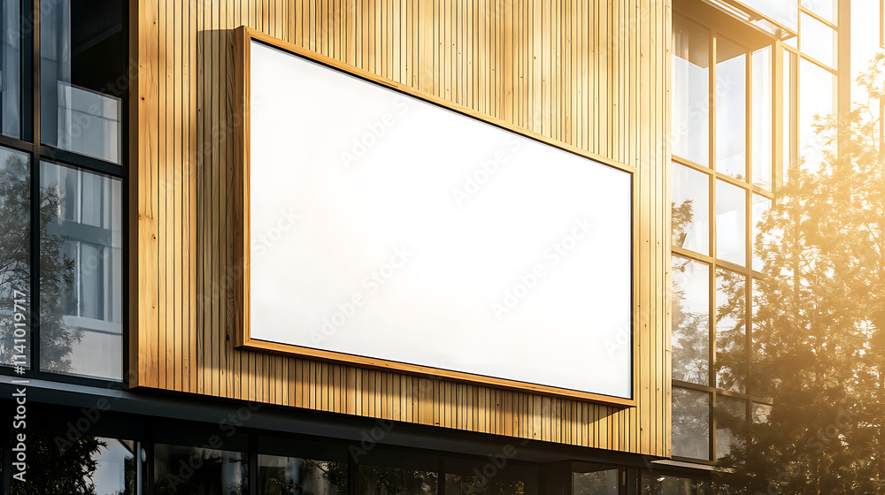 Framed blank billboard on modern wooden and glass building facade, sunny exterior, concept of ad display Framed blank billboard on modern wooden and glass building facade, sunny exterior, concept of ad display