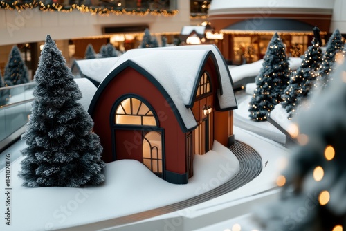 holiday shopping scenes, a dazzling christmas village display in a shopping center, adorned with festive decorations and lights, with space for text photo