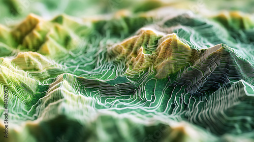 Gis geodata mapping concept featuring a detailed, layered terrain model with contour lines and elevation data, ideal for geographic analysis and spatial data visualization photo