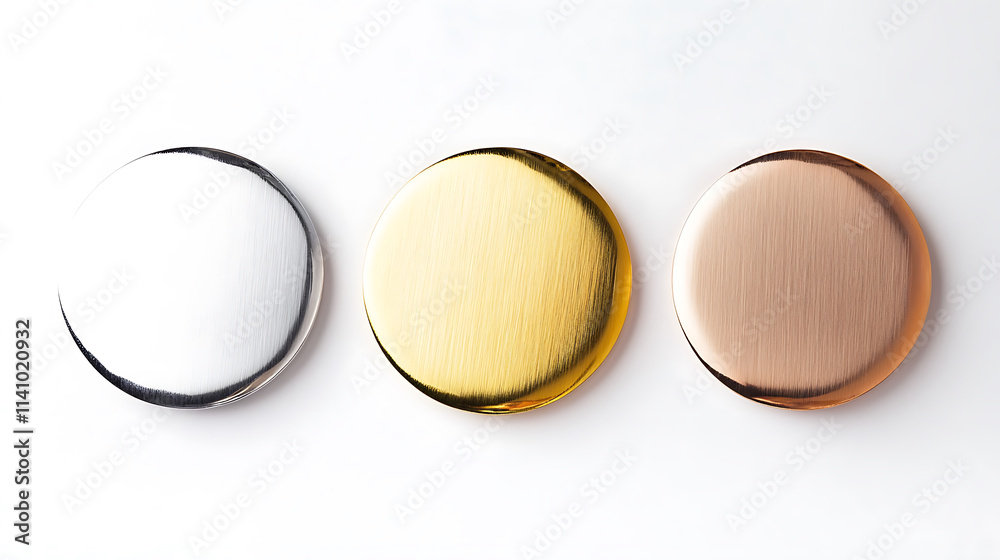 Obraz premium Gold, silver and bronze simple trophy, first, second and third place medals or awards isolated on white background, empty badge, minimalist, modern and luxury