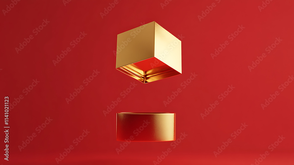 Golden gift box floating above an empty one on a red background Golden gift box floating above an empty one on a red background