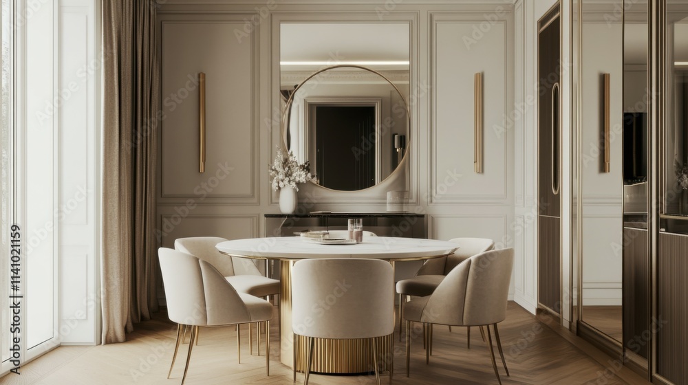 Chic dining room showcasing an elegant table with brass or gold legs, surrounded by elegant chairs upholstered in velvet or bouclé in soft tones. Chic dining room showcasing an elegant table with brass or gold legs, surrounded by elegant chairs upholstered in velvet or bouclé in soft tones.