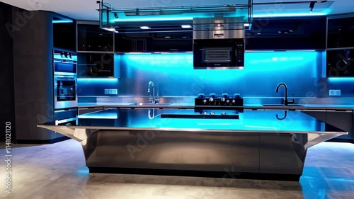 A modern kitchen interior with sleek furniture, high-tech audio equipment, and large screens for immersive entertainment