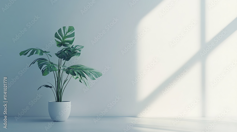Green monstera plant in a white pot against a plain white wall, minimalist, indoor plant decor concept Green monstera plant in a white pot against a plain white wall, minimalist, indoor plant decor concept