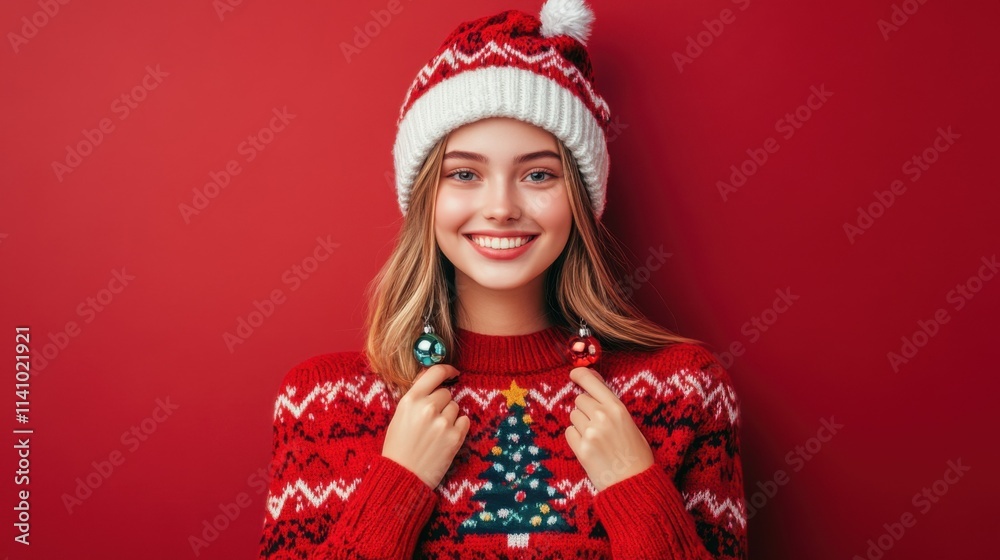 Portrait of funny funky cheerful positive girl get seasonal comfy sweater jumper with stylish trendy christmas tree decor for x-mas newyear gift isolated over red color background Portrait of funny funky cheerful positive girl get seasonal comfy sweater jumper with stylish trendy christmas tree decor for x-mas newyear gift isolated over red color background