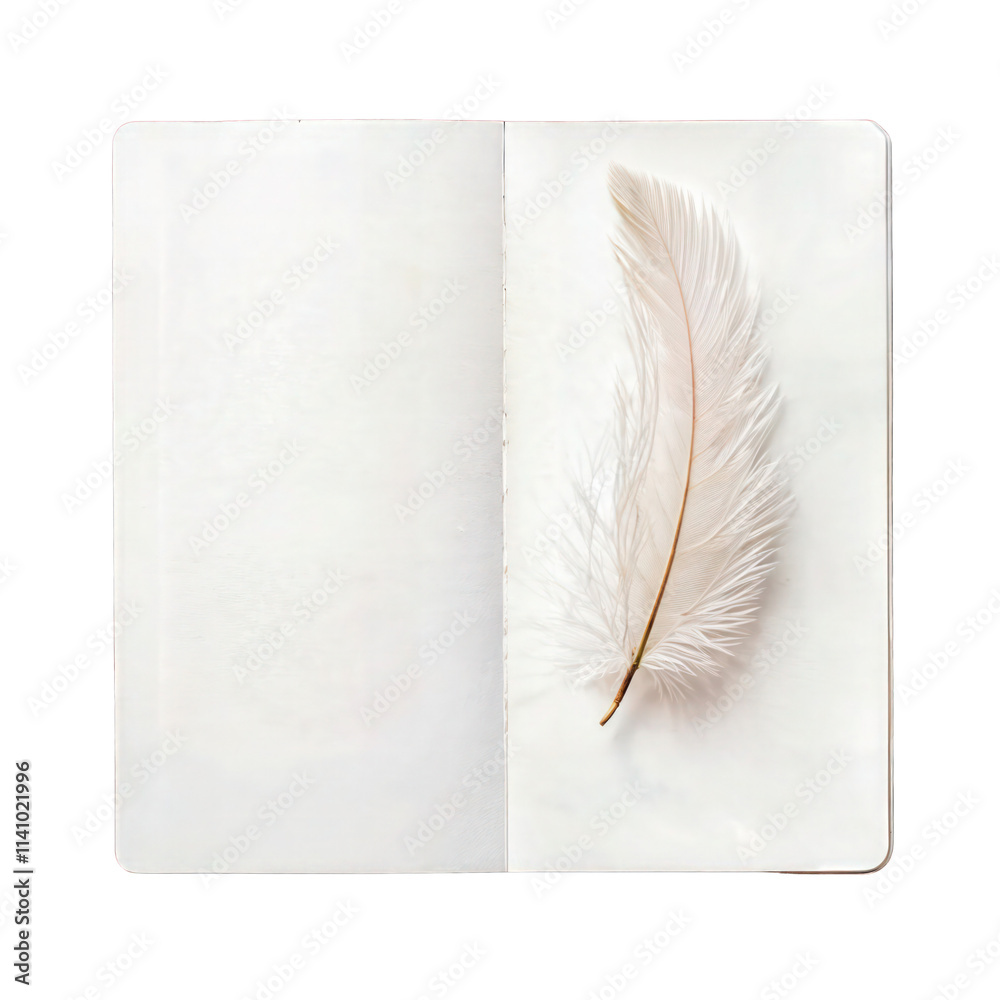 Delicate white feather placed inside an open blank notebook, isolated on transparent background, minimalist design.